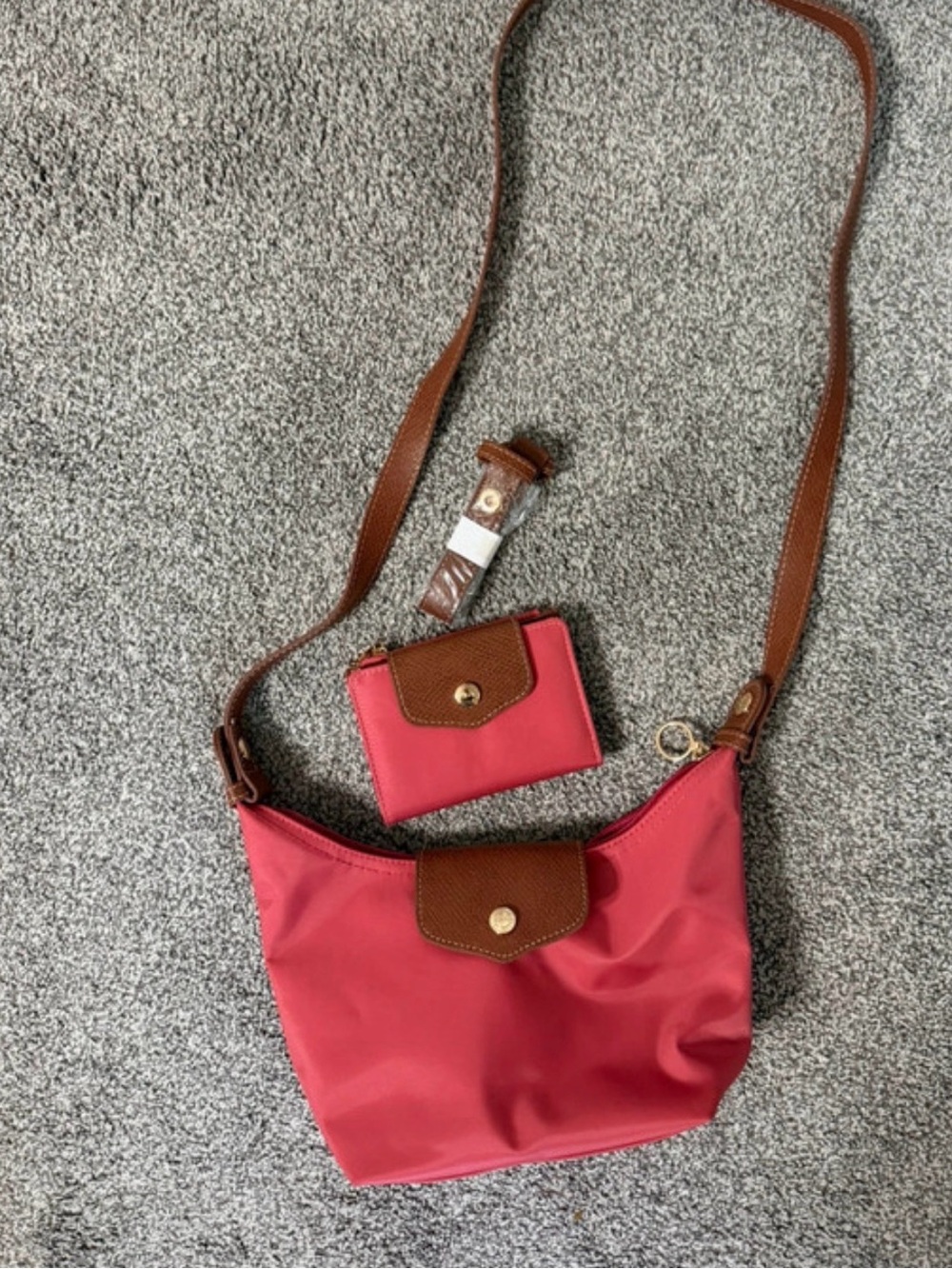 Pink Crossbody Bag with Brown Trim and Matching Card Holder